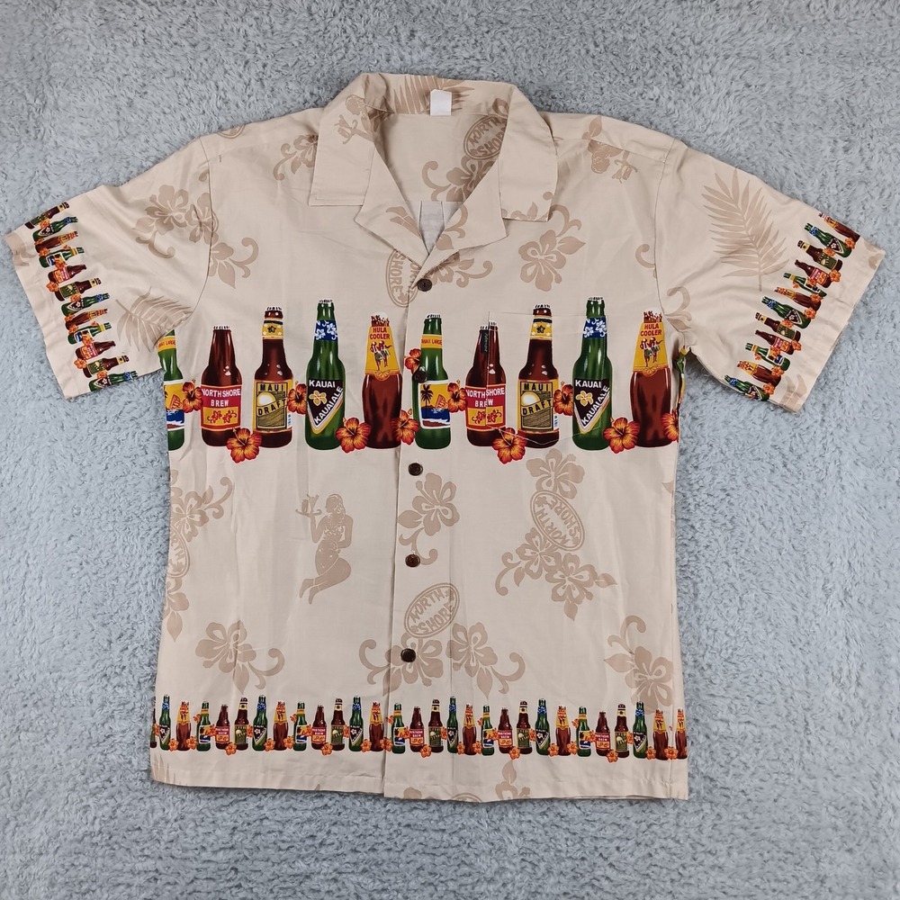 Palmwave Hawaii Mens Beer Bottle Hula Girl Hawaiian Shirt Tan Cotton XL C9-A592P